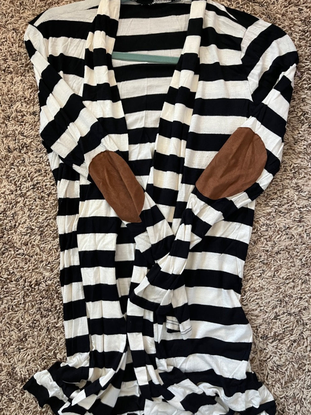 Striped Black and White Open-Front Cardigan with Brown Elbow Patches - Picture 3 of 4
